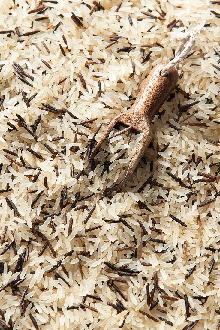 Weisser Reis und Wildreis mit Holzschaufel (Draufsicht)