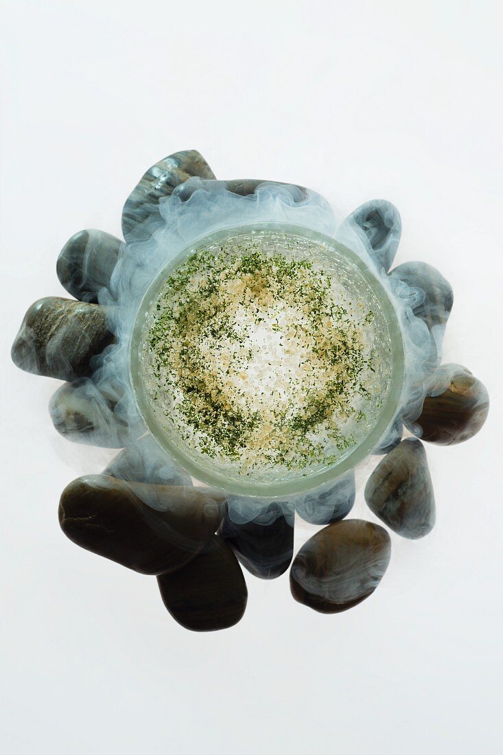 Frozen water with matcha powder and mint sugar