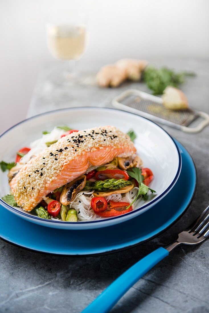 Seasame seed crusted salmon with ginger stir fry