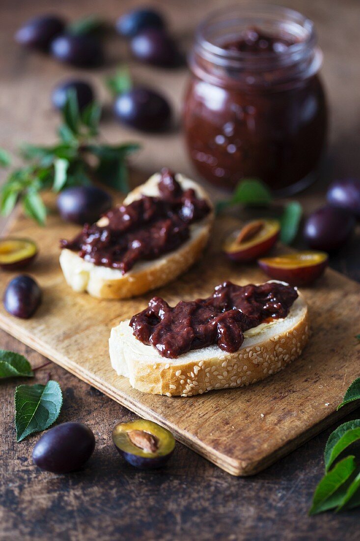 Homemade plum jam on toasts