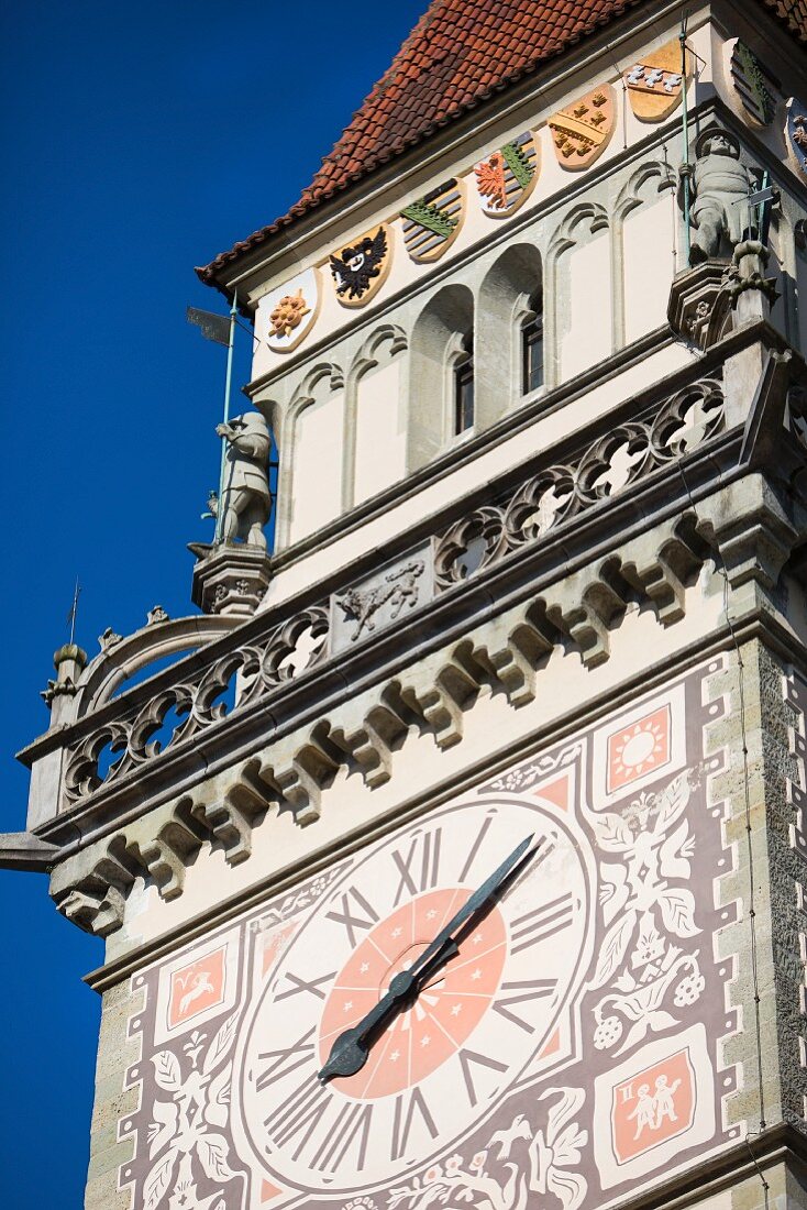 The town hall clock in Passau, Bavaria, Germany