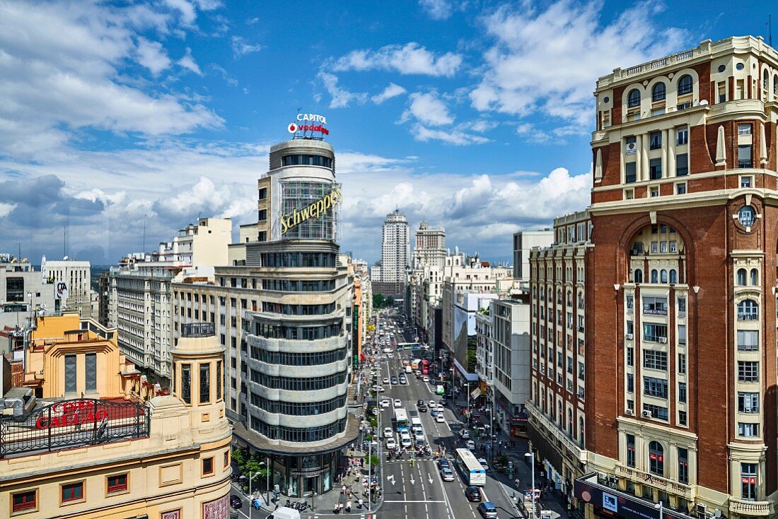 The Gran Via shopping street in Madrid, Spain