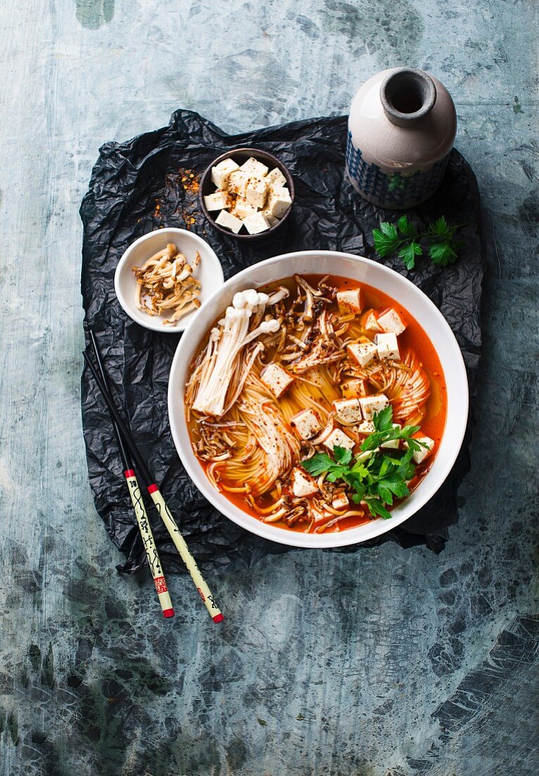 Asian soup with noodles and tofu (vegan)