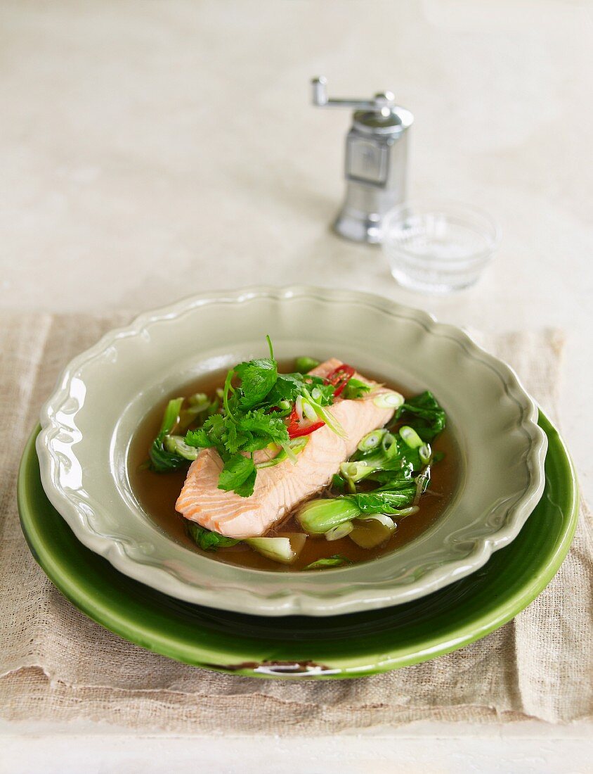 In Season - Ginger Broth with Salmon &amp; Pak Choy