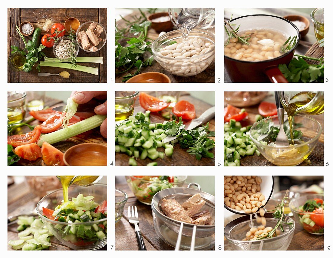 Cannellini salad with tuna and celery being made