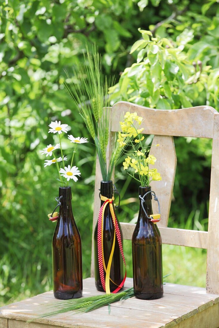 Ox-eye daisies, ears of barley and rapeseed flowers in swing-top bottles