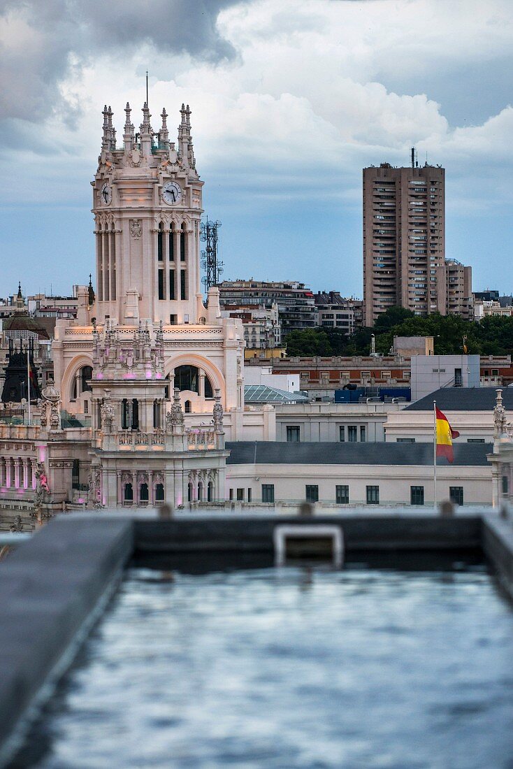 The view of the Palacio de Cibeles from 'The Balcony' rooftop bar at the Innside Madrid Suecia hotel in Madrid, Spain