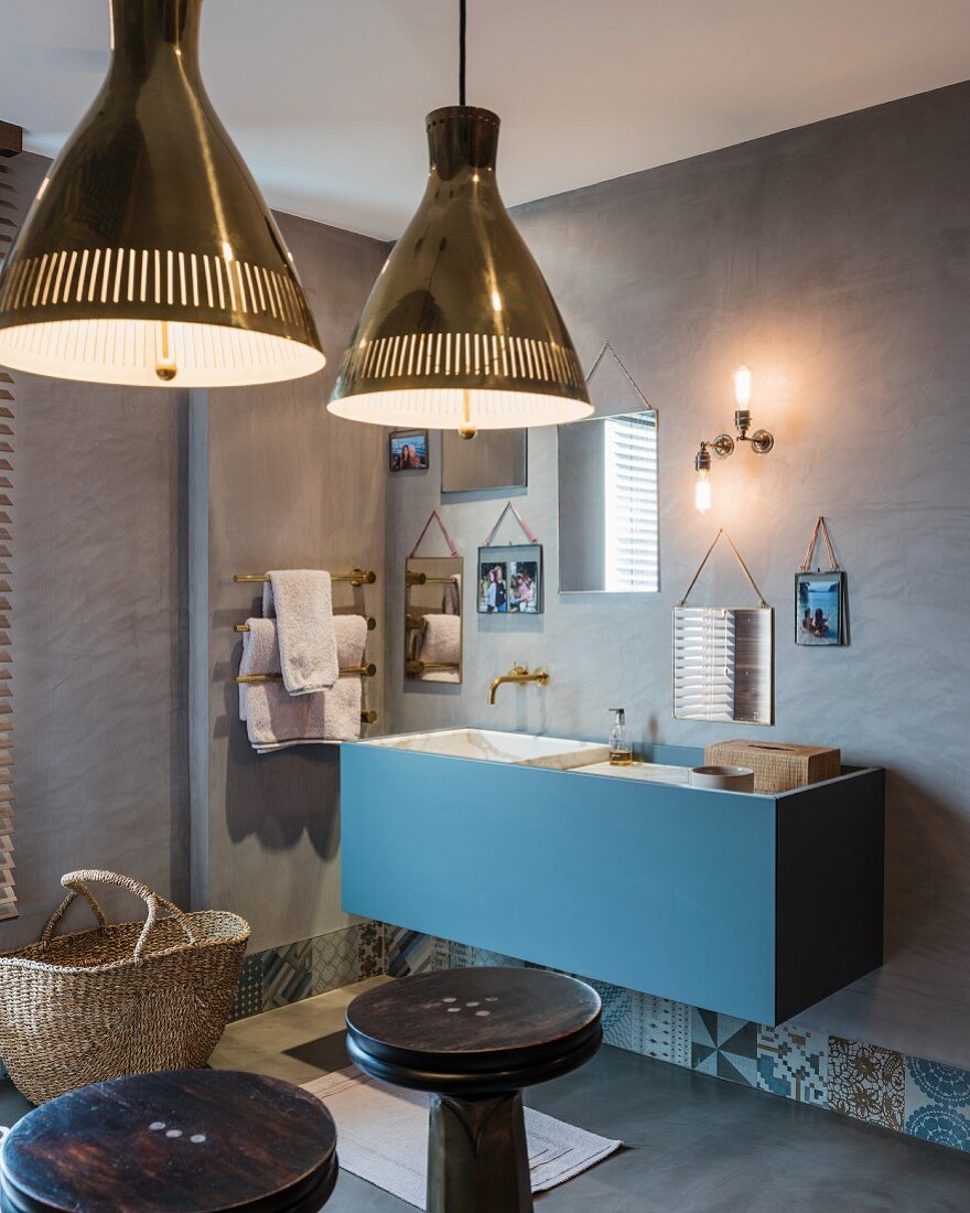 Blue washstand in bathroom