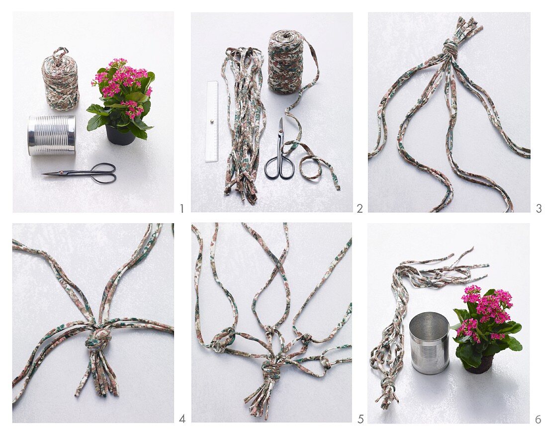 Instructions for making a macrame plant hanger made from jersey yarn and a tin can
