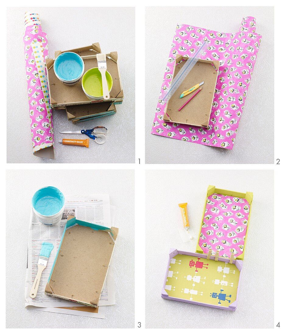 Instructions for making colourful shelving made from fruit crates painted brightly and with bases covered in decorative paper