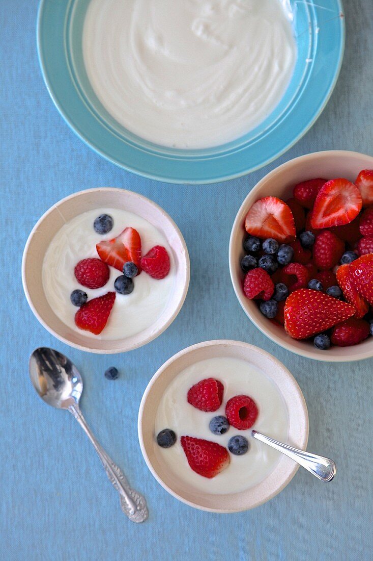 Yogurt with berries on a blue background
