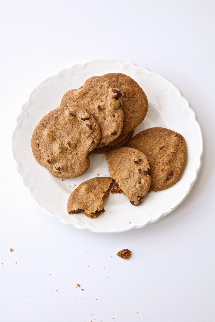 Chocolate chip cookies on a white plate