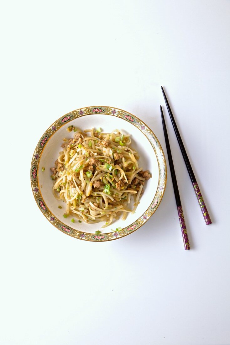 Pork with noodles and spring onions (China)