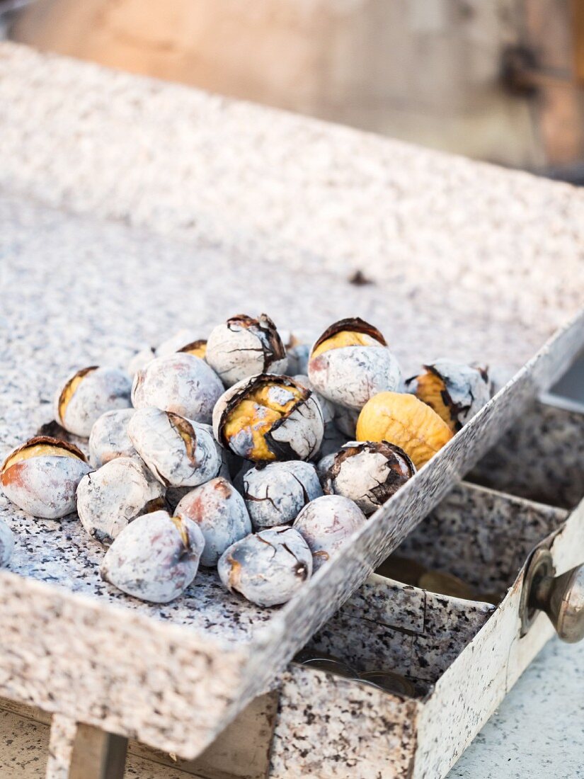 Roasted chestnuts sold on the streets of Lisbon, Portugal
