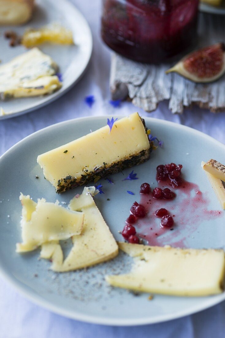 A cheese dish with cranberry jam