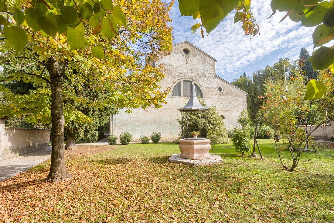 The monastery church and courtyard of the Eremo San Giorgio, Bardolino, Italy