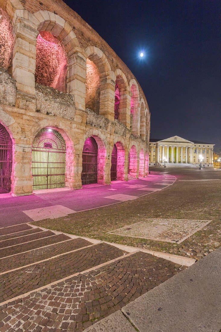 The illuminated arena on Piazza Bra in Verona, Italy