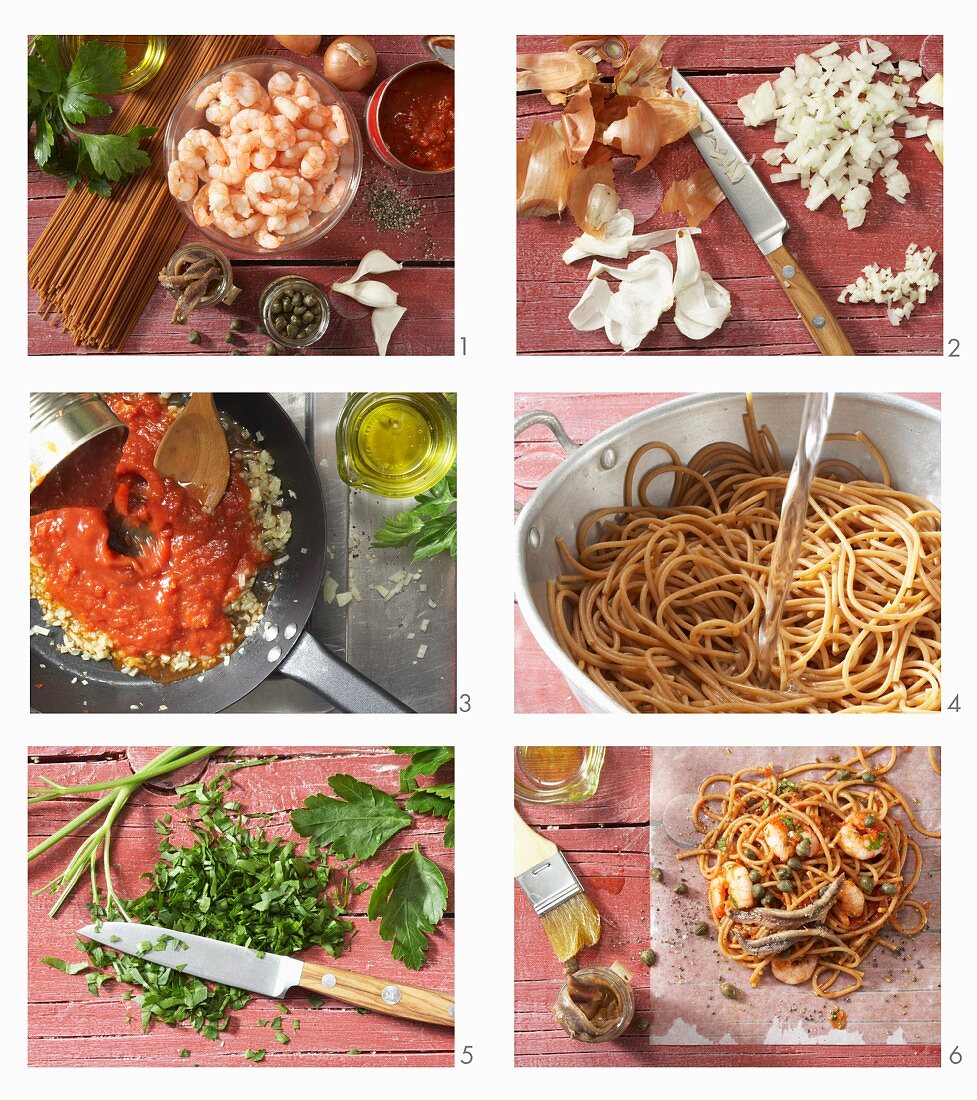 How to prepare spaghetti in parchment with shrimp and tomato sauce