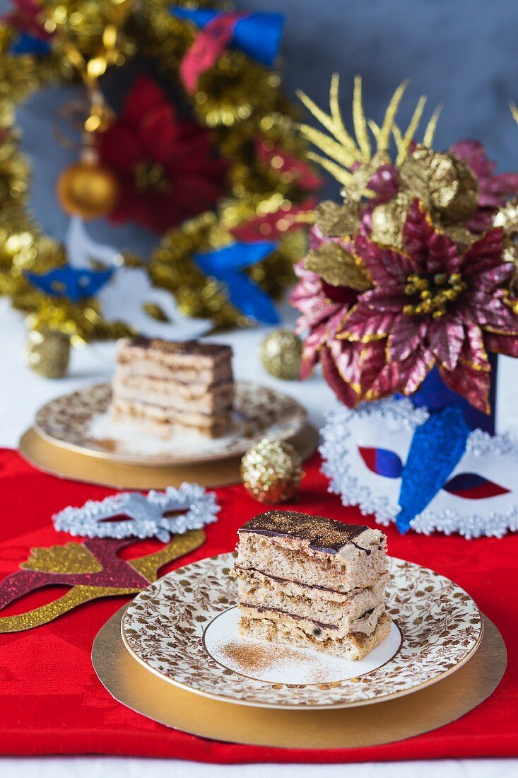 Festive Opera Cake with edible golden glitter.