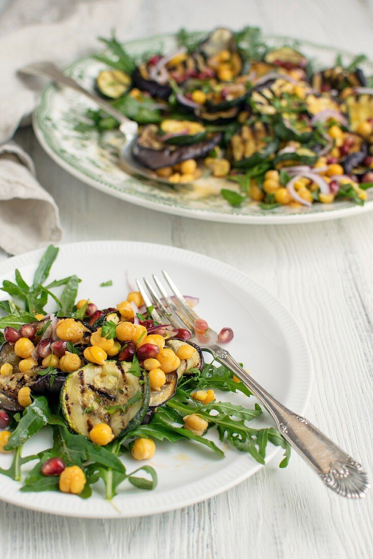Aubergine and chickpea salad with rocket