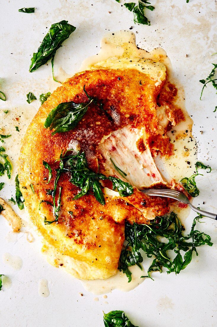 Caprese omelette with deep-fried rocket (soul food)