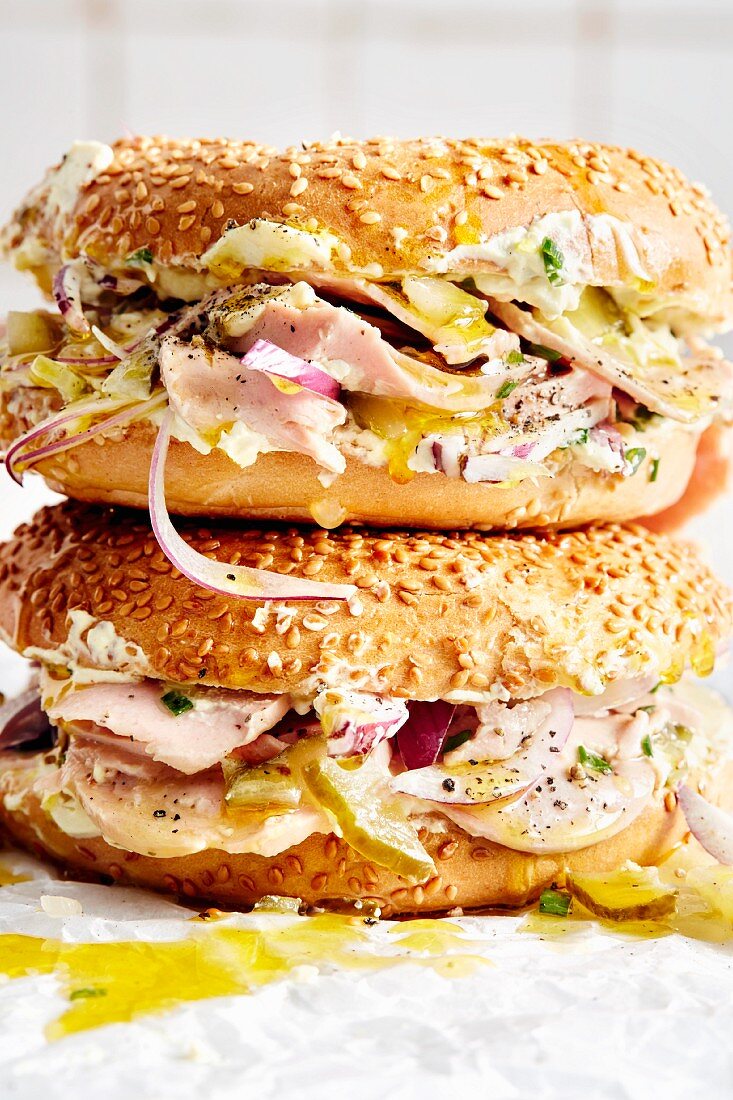 A bagel filled with Bavarian sausage salad (soul food)