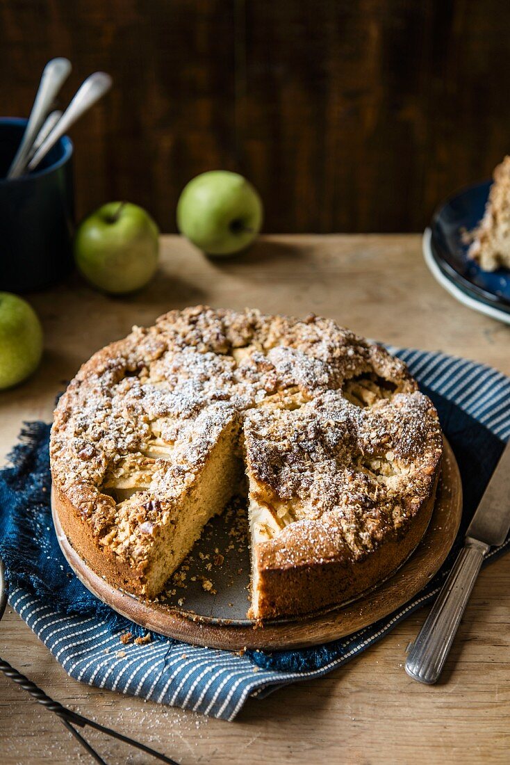 Apple cake with walnuts and oats crumble topping, slive removed