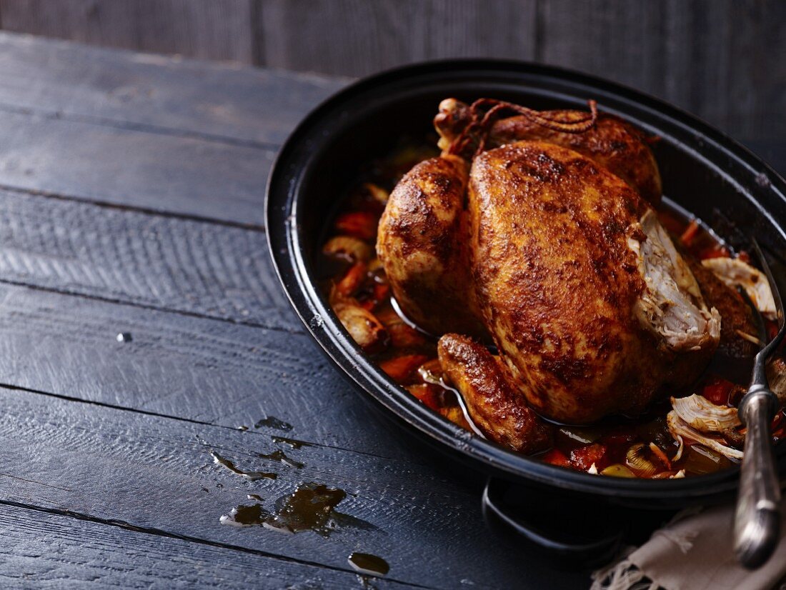 Roast chicken in an oven dish