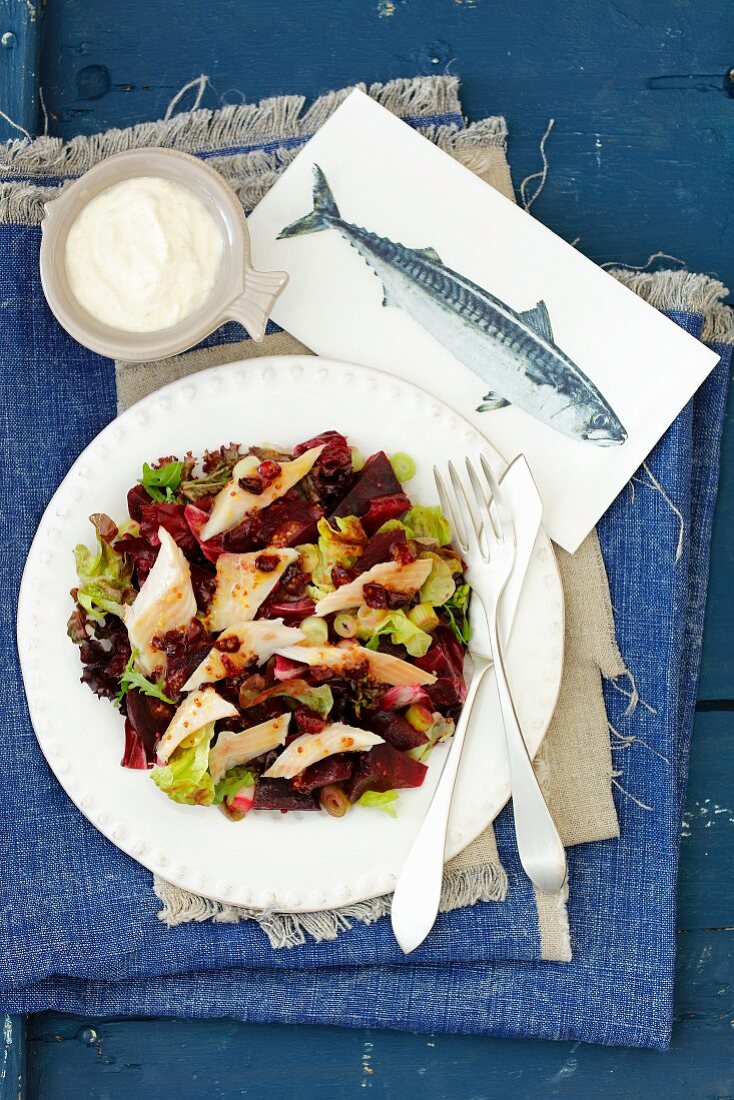 Rote-Bete-Salat mit geräucherter Forelle und Senf-Cranberry-Sauce