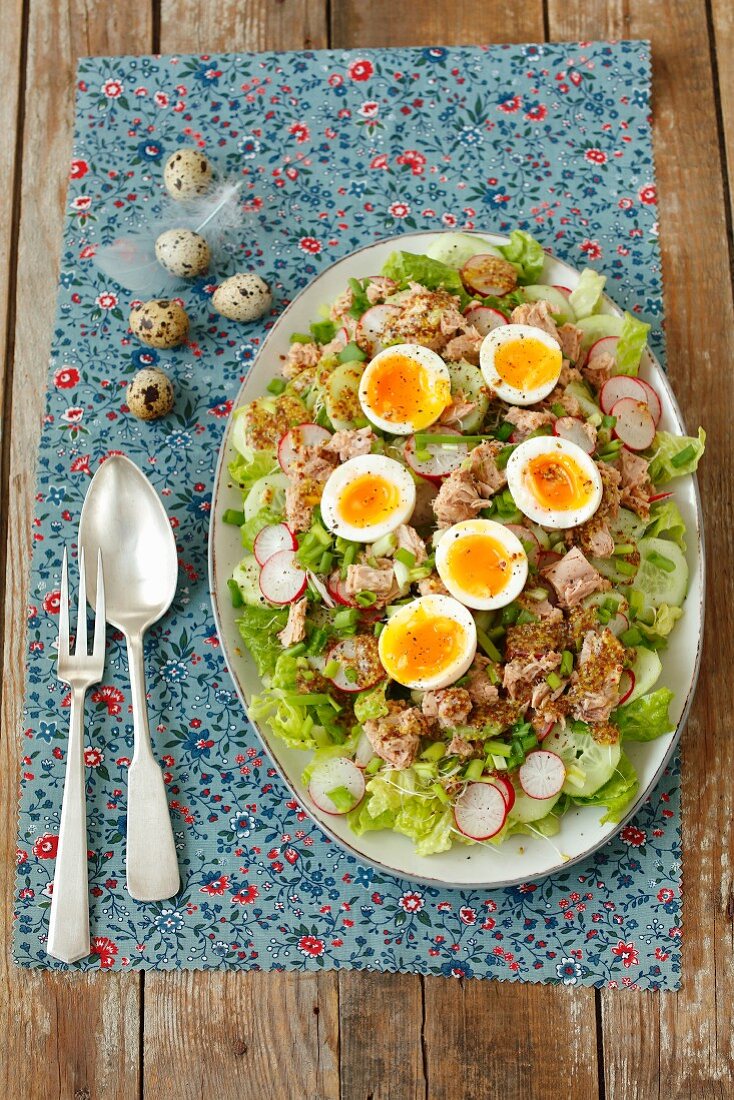 Salat mit Thunfisch, Ei, Gurke und Radieschen zu Ostern