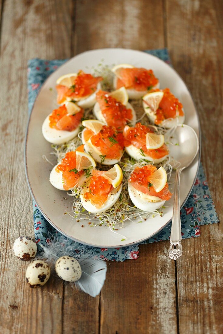 Eggs with smoked salmon, caviar and shoots for Easter