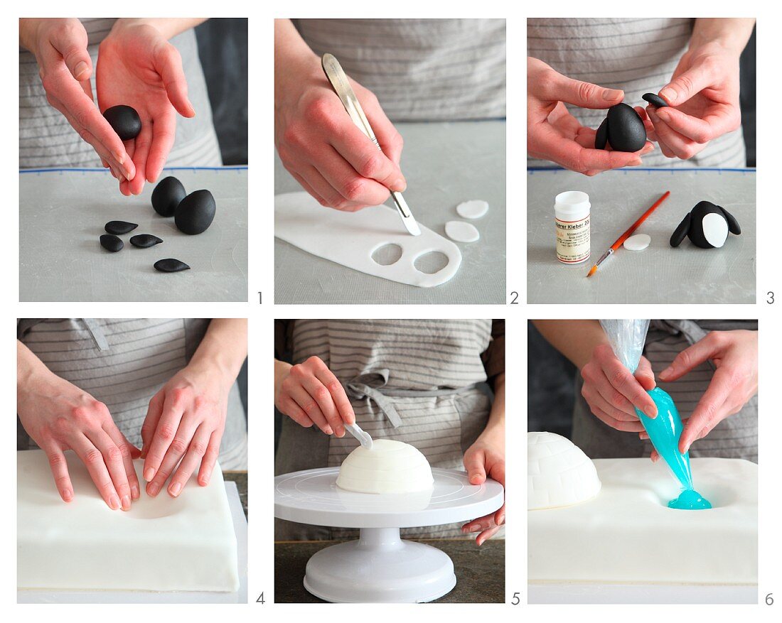 'Winter Wonderland' fondant icing cake with an igloo and penguins being made