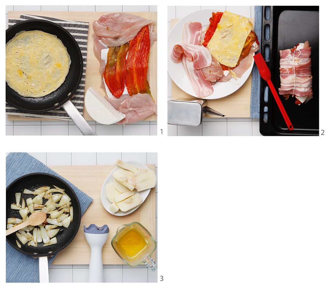 Gefüllte Hähnchenbrust mit Omelett und Paprika im Speckmantel zubereiten