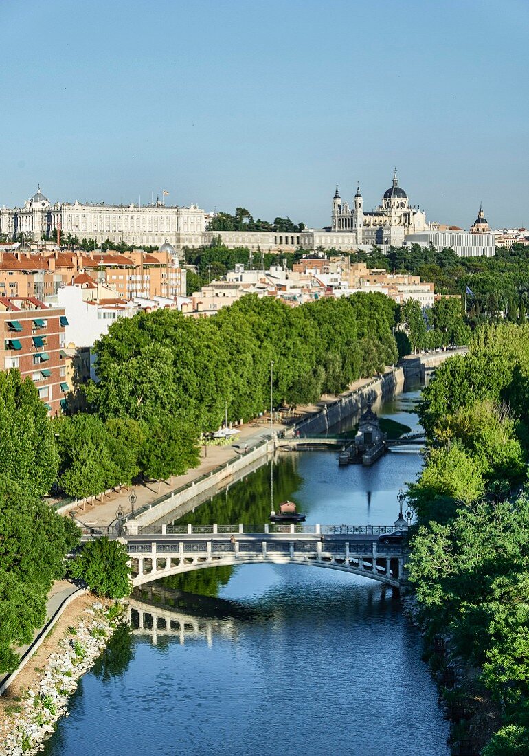 The view from the Teleférico de Madrid cable car of the Manzanares River in Madrid, Spain