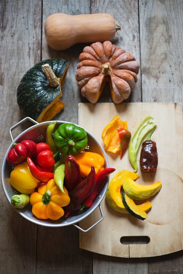 Ingredients for a dish with pumpkin and peppers