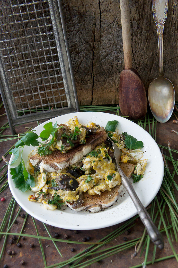 Rührei mit Waldpilzen und geröstetem Bauernbrot