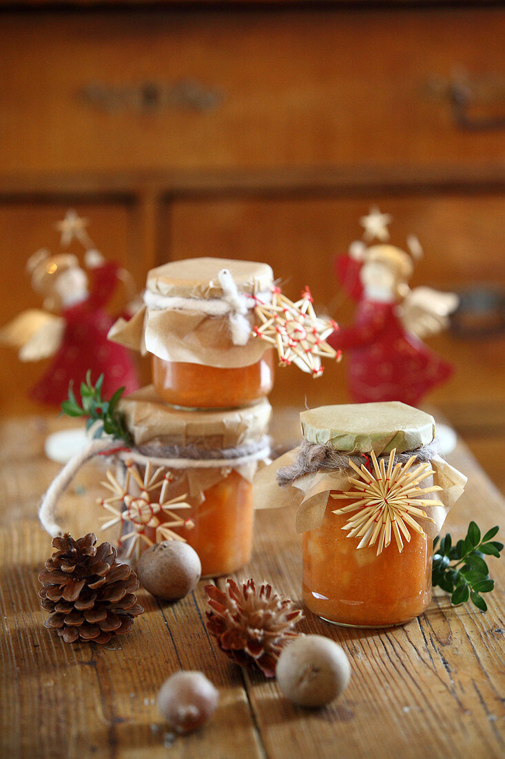 Sweet potato and pear jam in a jar as a Christmas gift