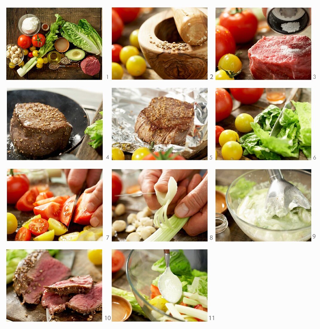 Salatschüssel mit scharfen Rinderfiletscheiben und Avocadodressing zubereiten