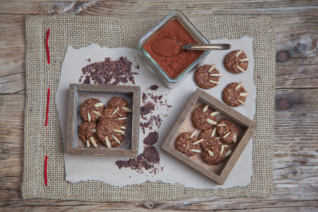 Chocolate 'bear claw' biscuits with flaked almonds