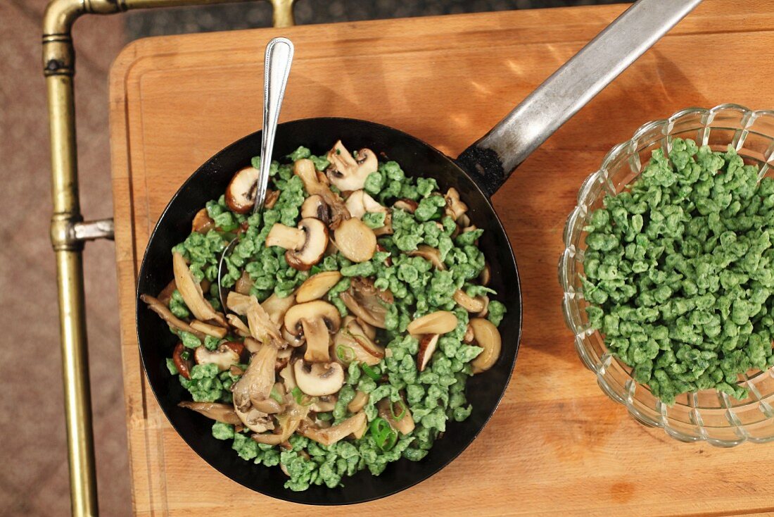 Spinach spaetzle and mushrooms
