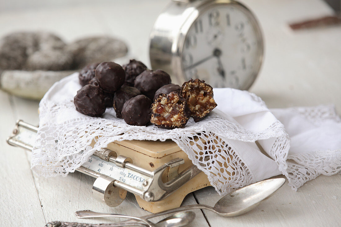 Energy balls with chocolate glazing