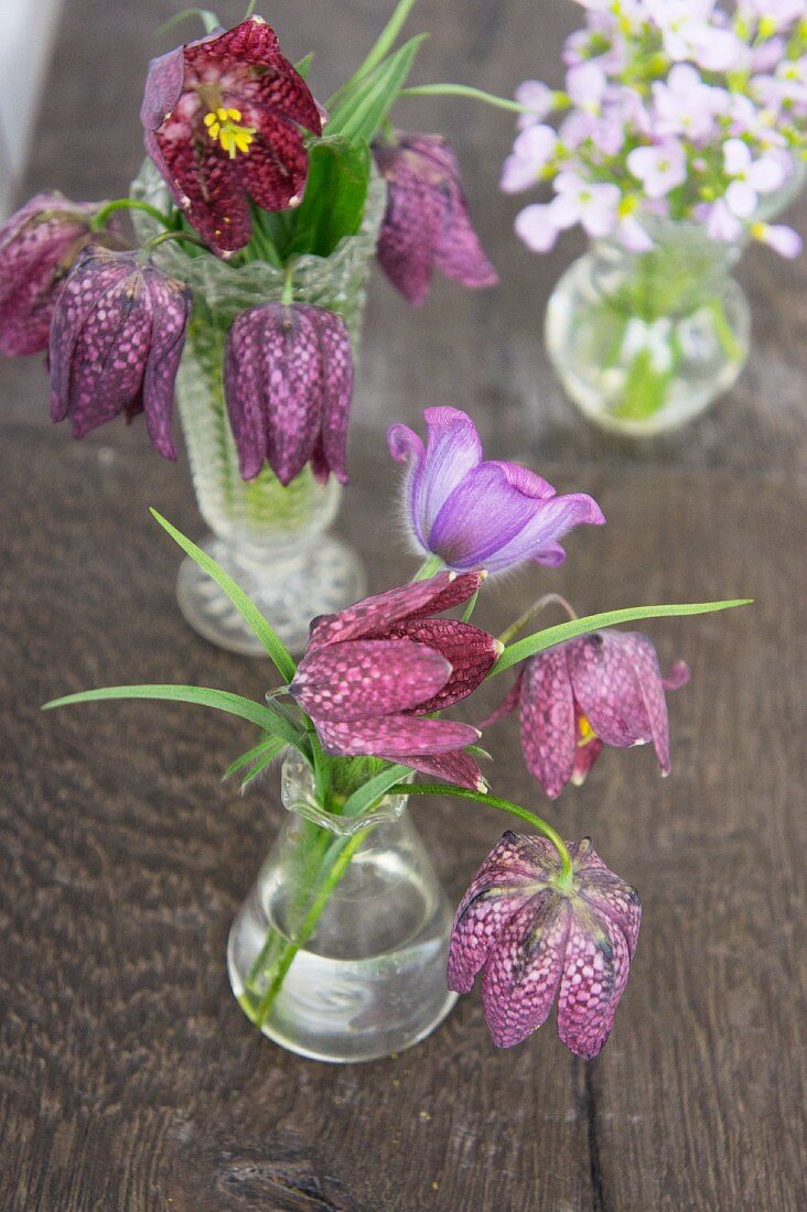 Schachbrettblumen, Kuhschelle und Wiesenschaumkraut in kleinen Vasen