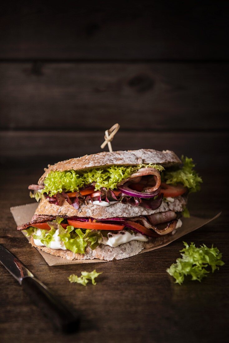 Double-decker BLT sandwich with mayonnaise