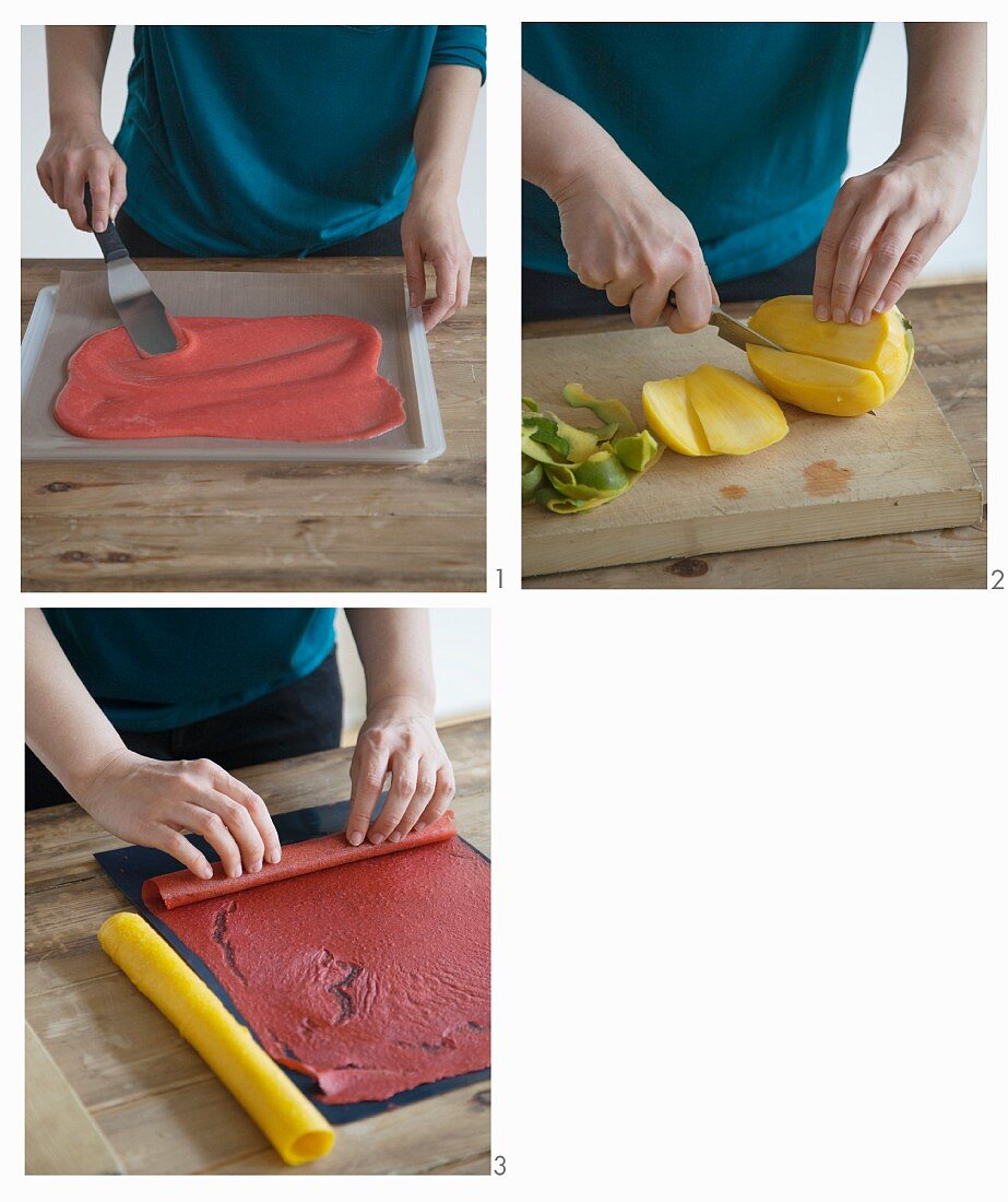Vegan mango and strawberry fruit roll-ups being made