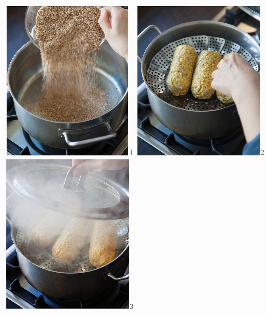 Tempeh being smoked in a pan