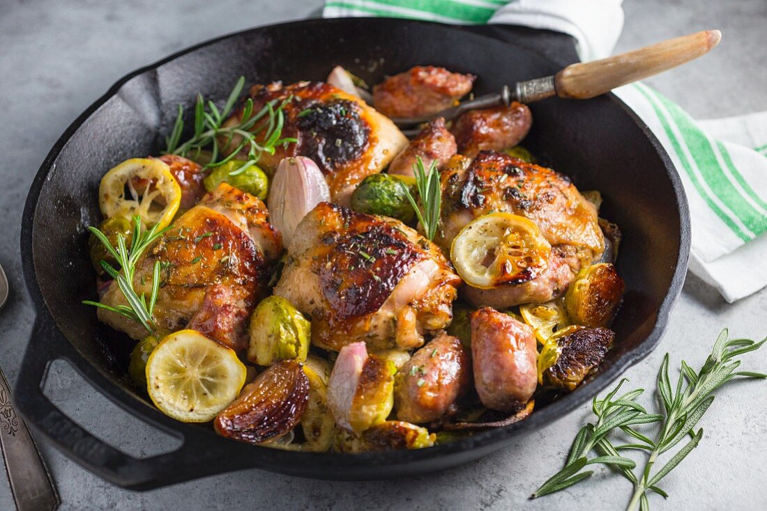 Roasted Chicken Thighs with Sausages and Brussels Sprouts