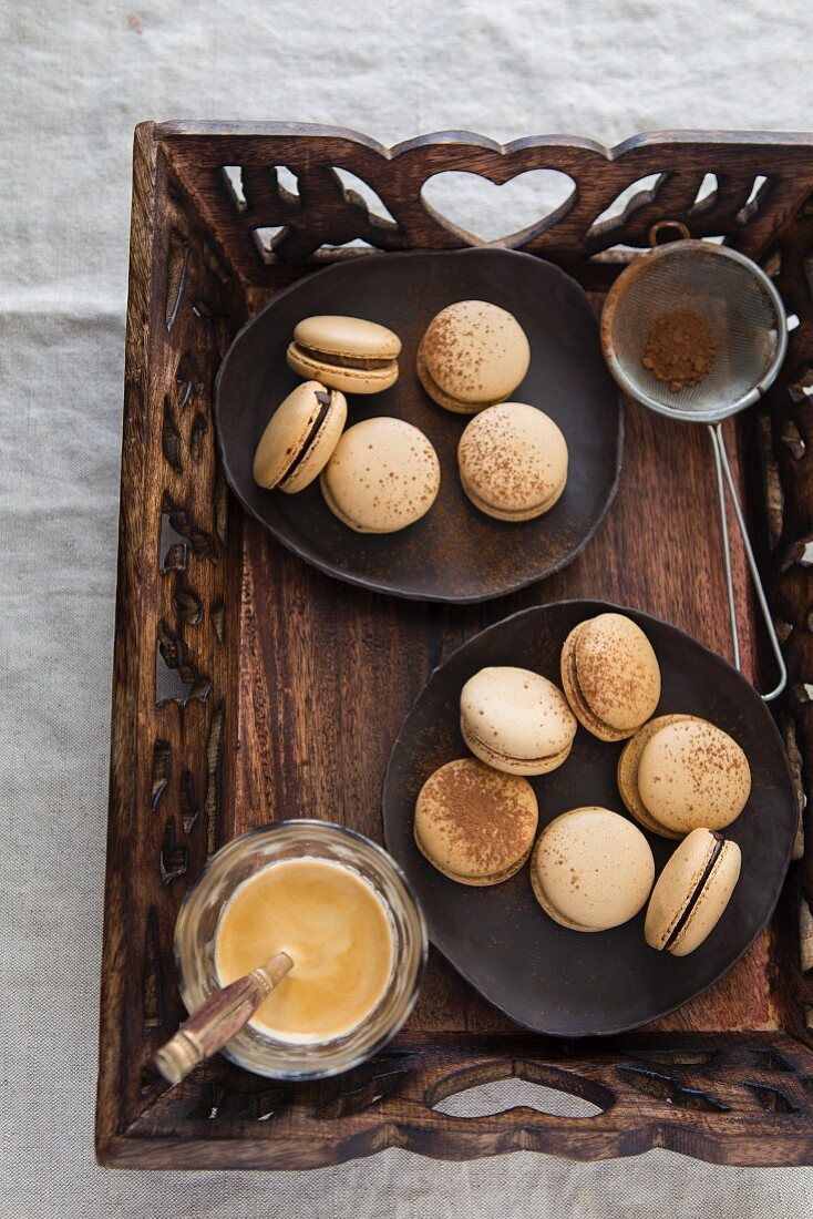 Macarons on a wooden tray