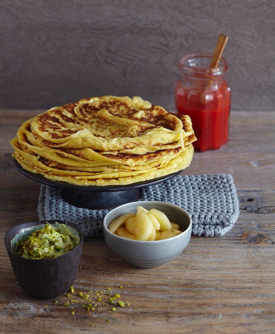 Pancakes with a choice of apple compote, strawberry puree or avocado cream