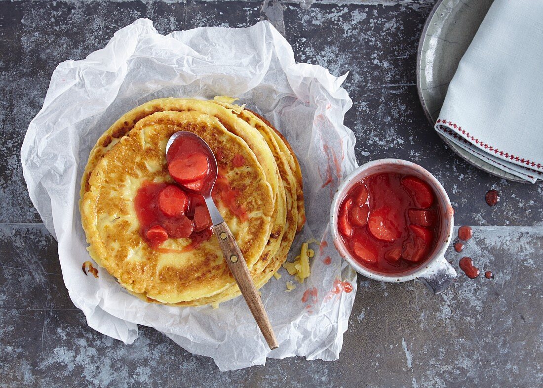 Crespelle with strawberry and rhubarb compote