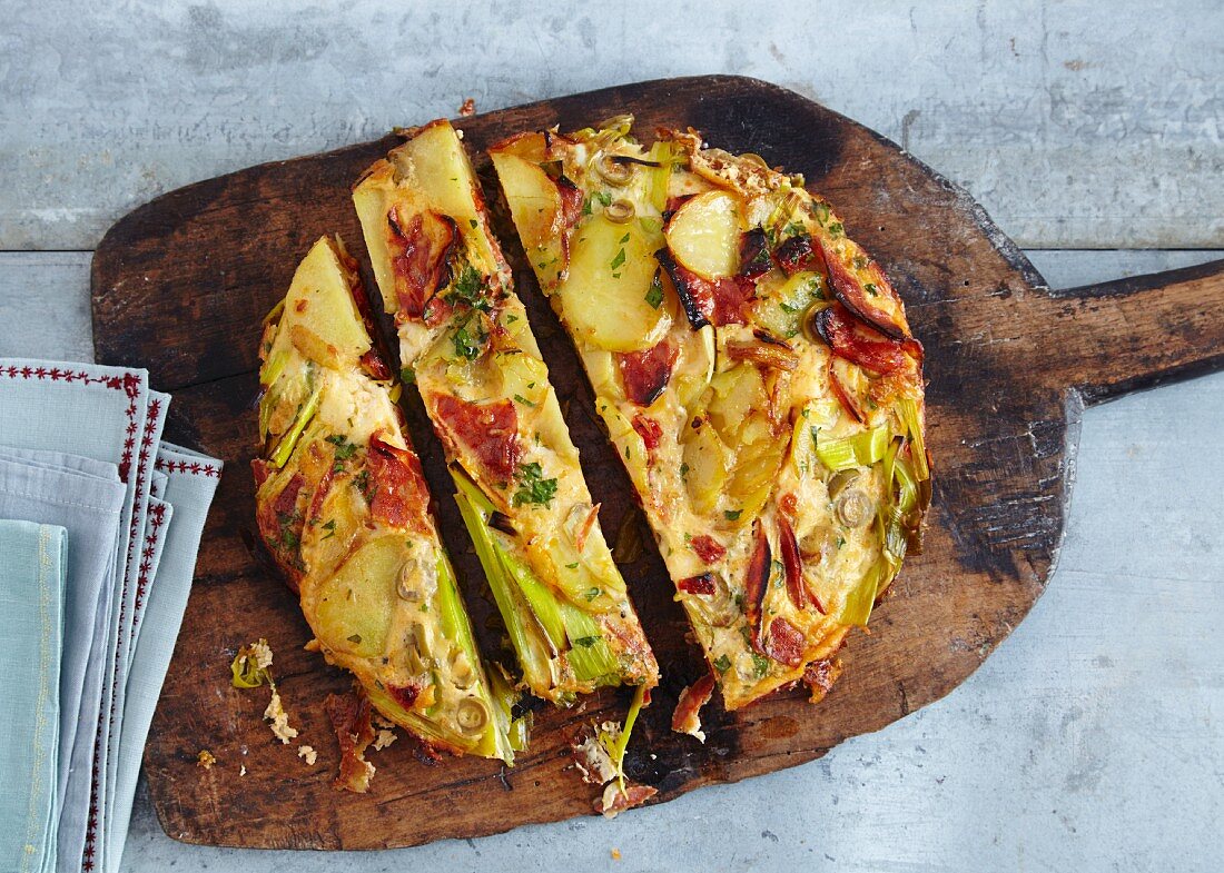 Spicy chorizo tortilla with olives and dried tomatoes